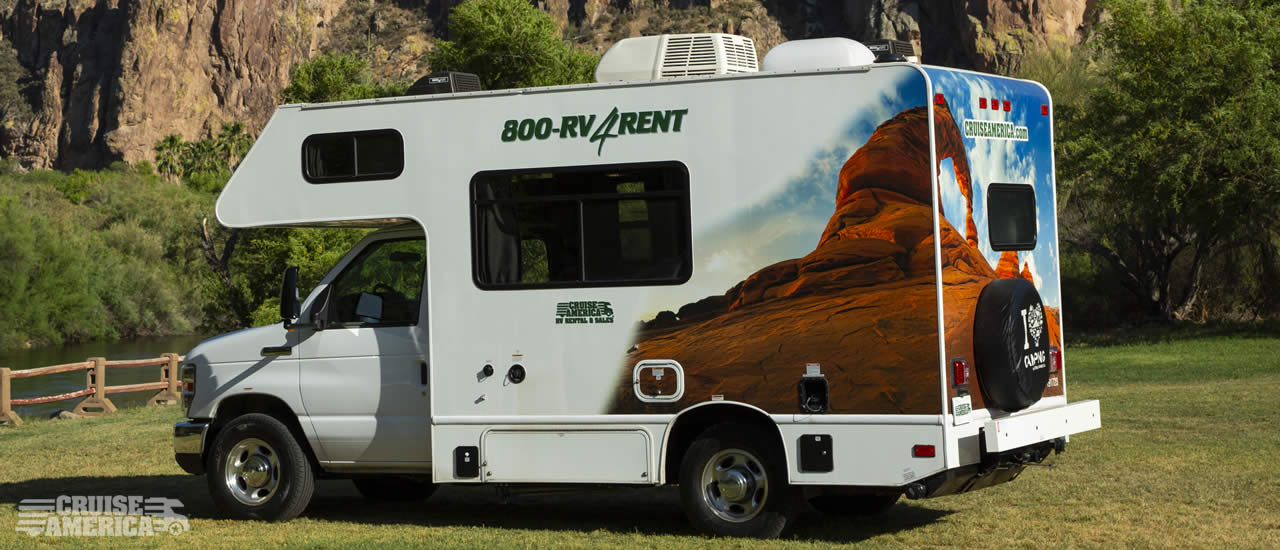 Front view of compact RV, showing left side of vehicle